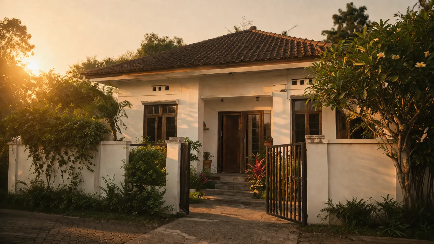 Rumah tinggal satu lantai dengan pagar dan taman depan